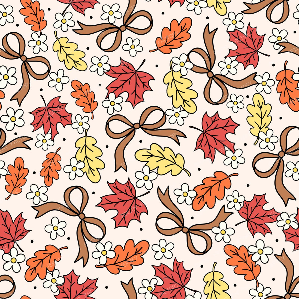 Fall Leaves And Daisy Flowers Autumn Coquette Bows On Ivory