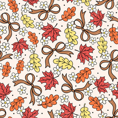 Fall Leaves And Daisy Flowers Autumn Coquette Bows On Ivory