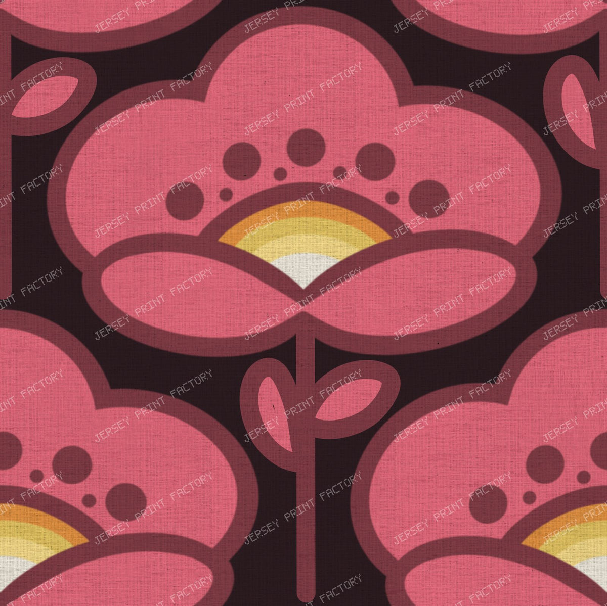Pink Retro 70s Floral on Deep Brown Background Vintage Bold Flower Pattern — on Deep Purple Black