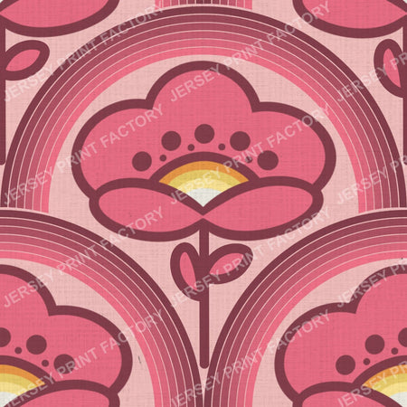Bold 70s Pink Flowers with Pink Arches Rainbow, Vintage Retro Mod Floral Design