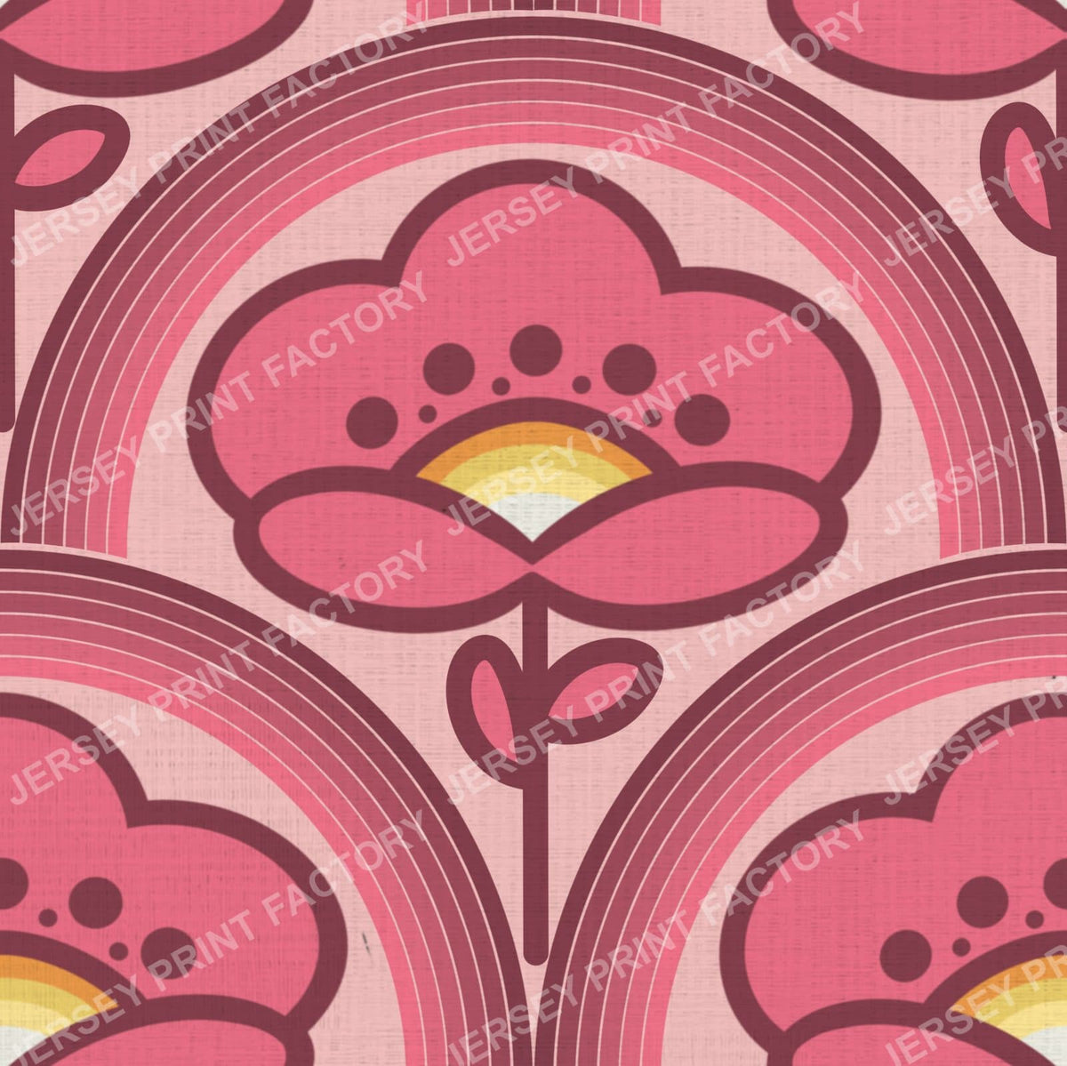 Bold 70s Pink Flowers with Pink Arches Rainbow, Vintage Retro Mod Floral Design