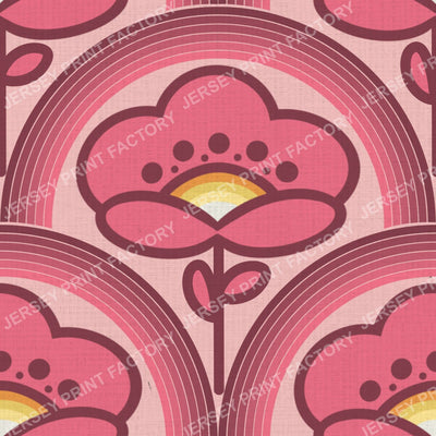Bold 70s Pink Flowers with Pink Arches Rainbow, Vintage Retro Mod Floral Design