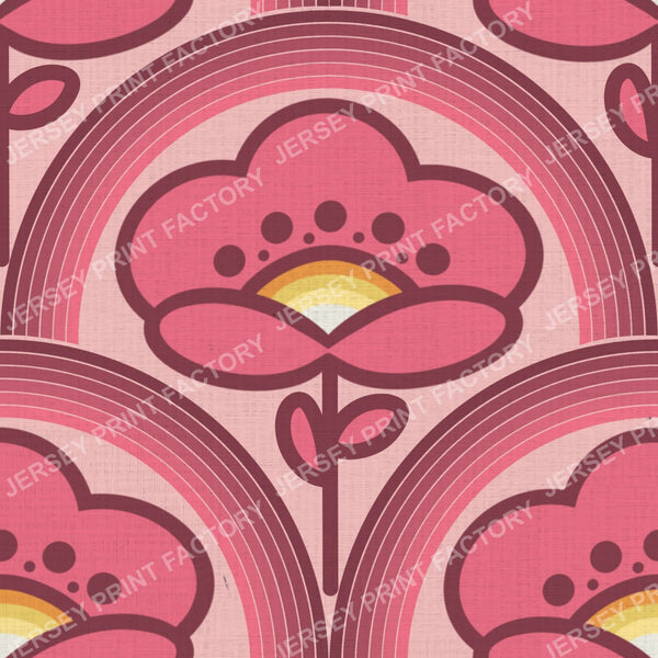 Bold 70s Pink Flowers with Pink Arches Rainbow, Vintage Retro Mod Floral Design
