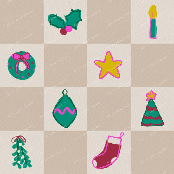 Christmas Checkerboard with Festive Doodles in Taupe Beige