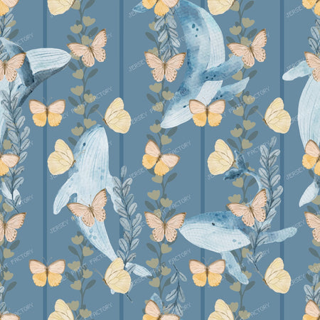2026 PJP 100 — 12 Blue Humpback Whales and Butterflies Striped Pastel - Soft Blue