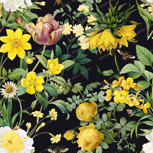 Yellow Flowers Night Garden Lush Boho Chic Floral Botanical Pattern on Black Background