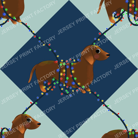 Sausage Dog in String Lights - Winter Weiner Festive Diamonds on Blue and Green