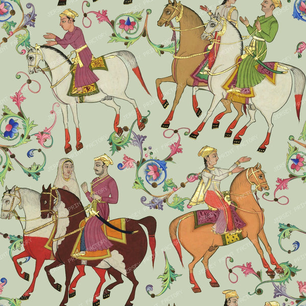 Horseback Riding and Colorful Ornaments, Medieval Persian Motif with Wedding Scenes on Sage Green Background