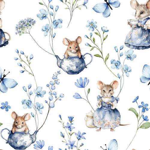 Cute Mice and Blue Flowers Cottagecore Toile Pattern for Children - White Background