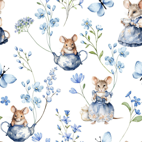 Cute Mice and Blue Flowers Cottagecore Toile Pattern for Children - White Background