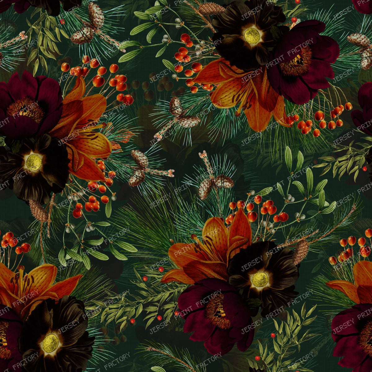 Grandmillennial Heritage Garden with Autumn Berries and Baroque Elegance - Dark Green