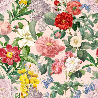 Lush Summer Garden Floral Botanical Parttern on Pink Blush Background