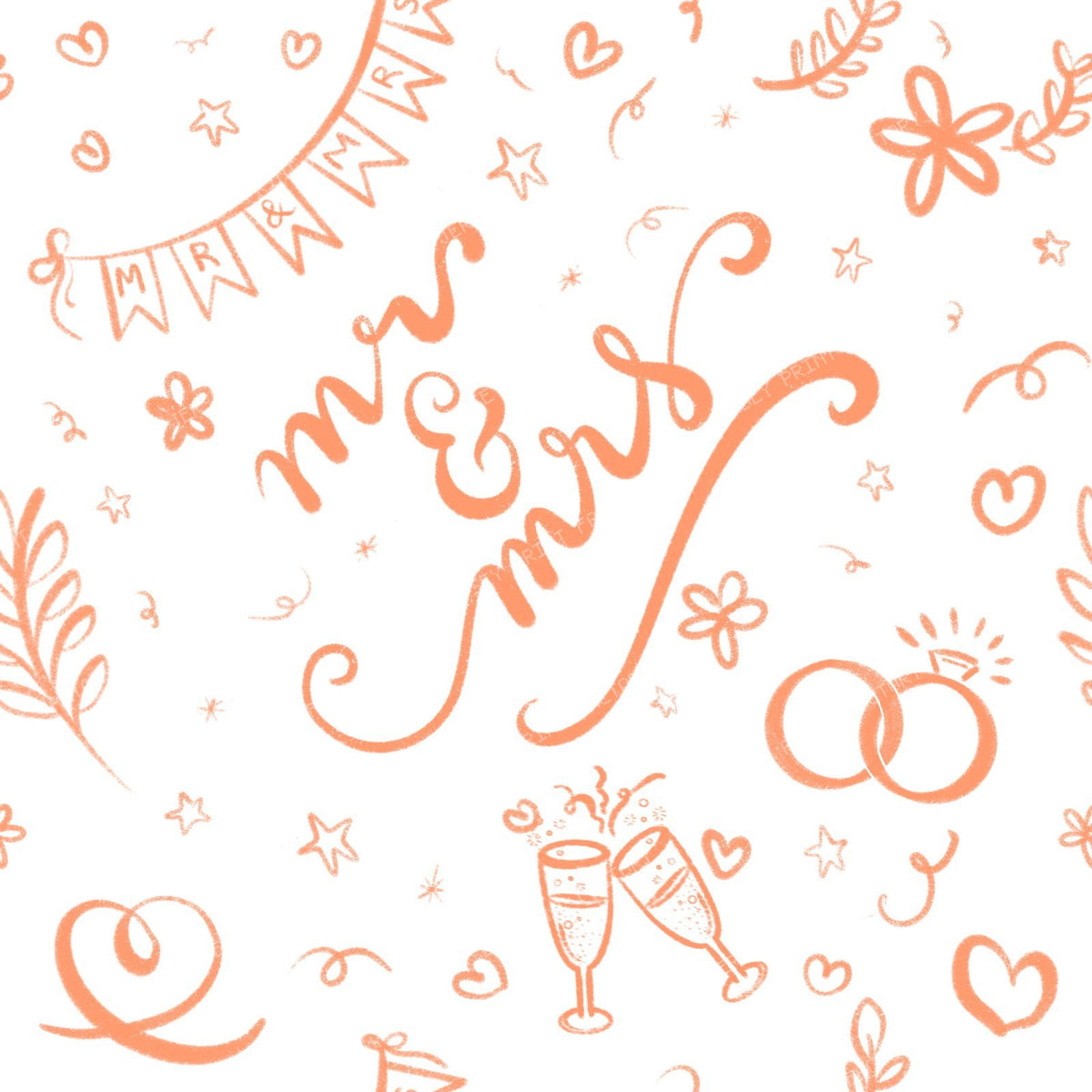 Mr & Mrs Wedding Doodles in Sage Green, engagement, bride, groom, i do — Peach