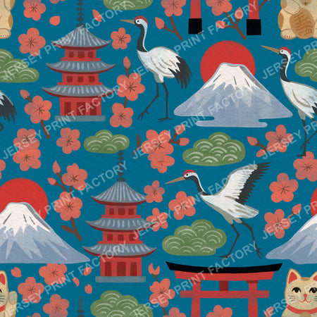Springtime Japan in Traditional Colours on Teal Blue
