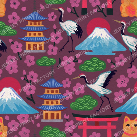 Bright Springtime Japan, Maximalist Hand Drawn on Plum