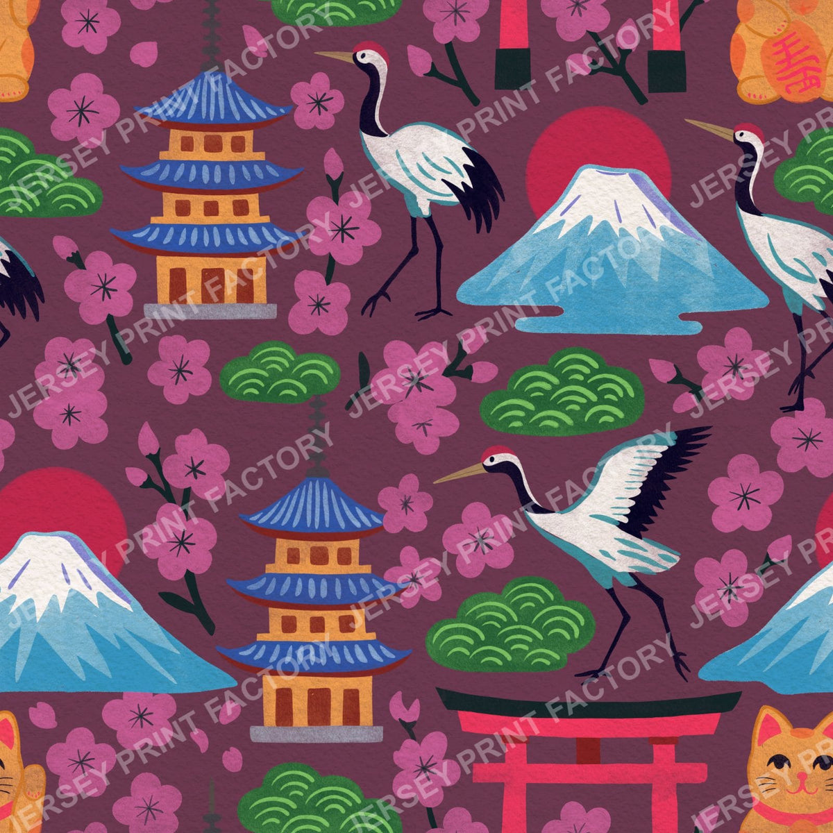 Bright Springtime Japan, Maximalist Hand Drawn on Plum