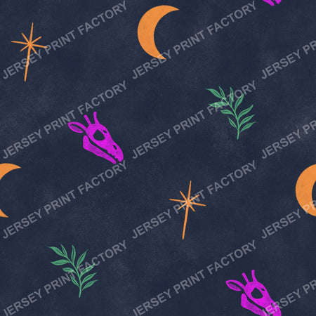 Halloween Animal Print, Pink and Orange Giraffe Skull on Navy Blue - with Moon and Stars