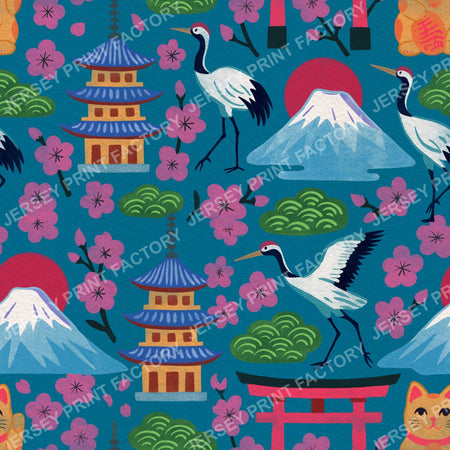 Bright Springtime Japan, Maximalist Hand Drawn on Teal Blue
