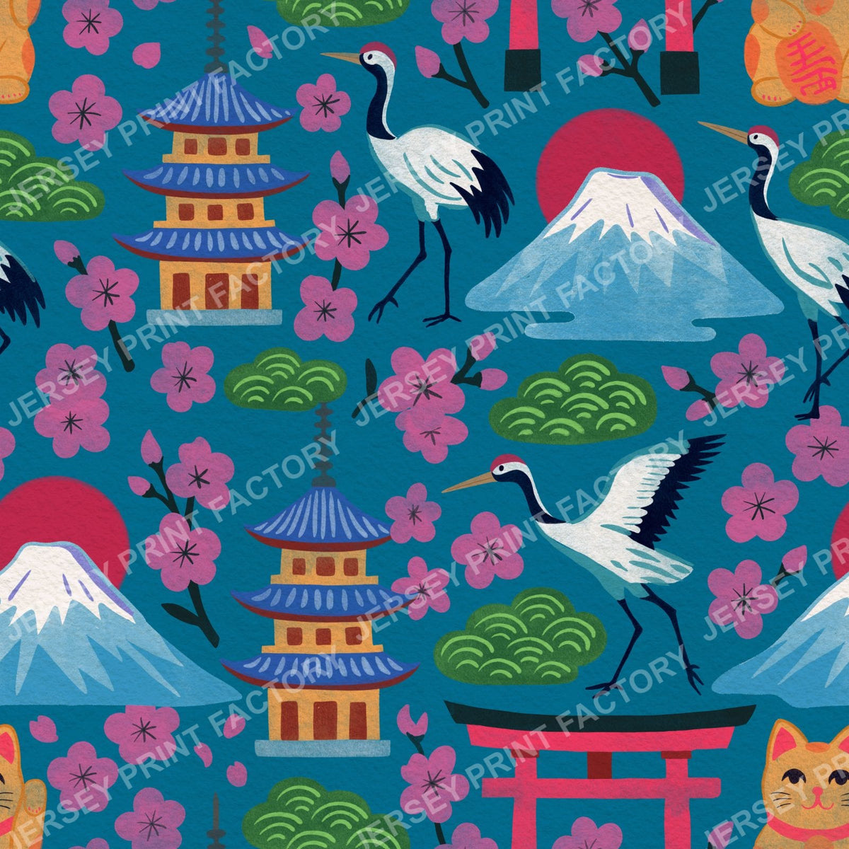 Bright Springtime Japan, Maximalist Hand Drawn on Teal Blue