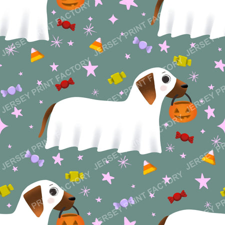 Trick Or Treat Dachshund Dog Halloweenie – Candy Toss On Dusty Teal
