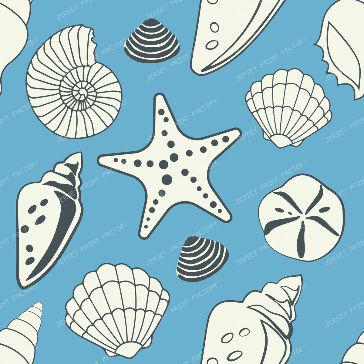 Seashells, Scallops, Conch Shells, Clam Shells, Starfish, Blue — Blue 3