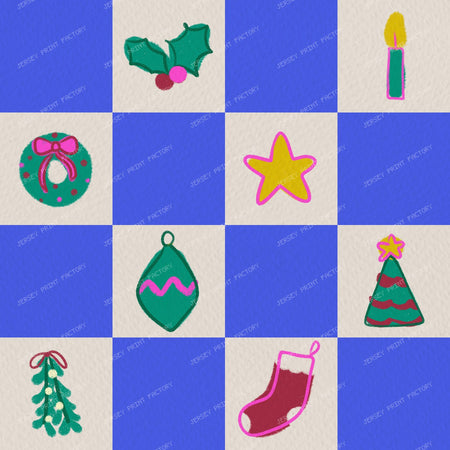 Christmas Checkerboard with Festive Doodles in Purple — Bright Blue