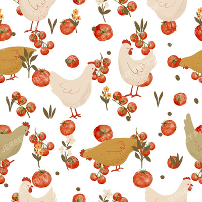 Farm Chickens and Garden Tomatoes - White Background