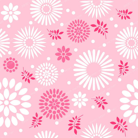 Colorful Flowers, Retro Flowers, Leaves, Dots, Floral Pattern — Pink