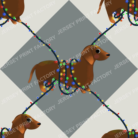 Sausage Dog in String Lights - Winter Weiner Festive Diamonds on Grey
