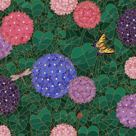 Stained Glass Hydrangea Garden — Sunlit Bronze with Swallowtail Butterfly