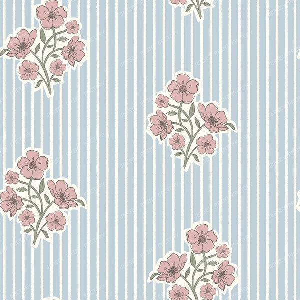 Block Print Florals & Preppy Stripes. Grandmillennial Farmhouse in blue and pink