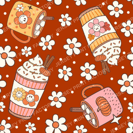 Fall Pumpkin Spice Coffee And Cocoa Drinks On Rustic Red