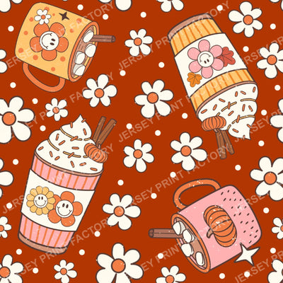 Fall Pumpkin Spice Coffee And Cocoa Drinks On Rustic Red