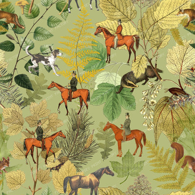 Horse Riding in the Forest with Cute Wild Animals Vintage Chic Cottagecore  Toile Pattern on Sage Green — Sage Green