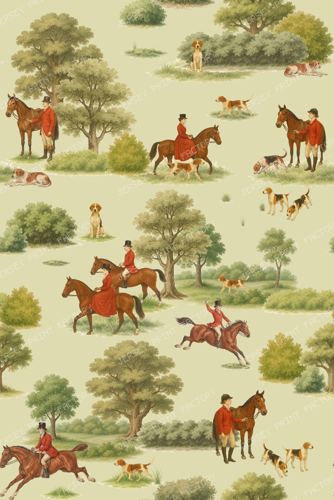 Vintage English Countryside Fox Hunt with Equestrian Riders, Hounds and Horses - White — Green