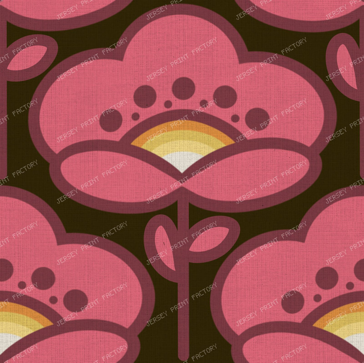 Pink Retro 70s Floral on Deep Brown Background Vintage Bold Flower Pattern