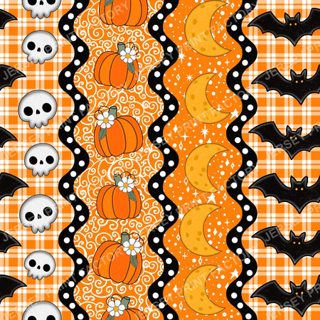 Halloween Patchwork Stripes with Bats Skulls Pumpkins and Moons in Orange
