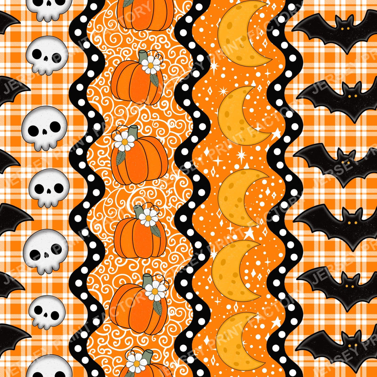Halloween Patchwork Stripes with Bats Skulls Pumpkins and Moons in Orange