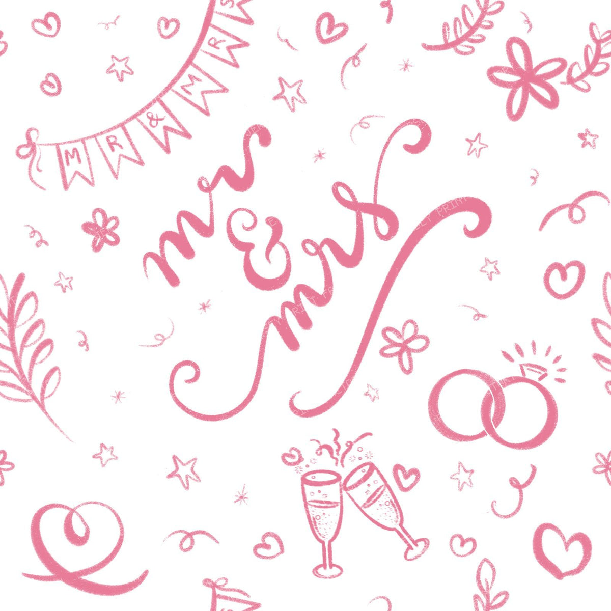 Mr & Mrs Wedding Doodles in Sage Green, engagement, bride, groom, i do — Pink