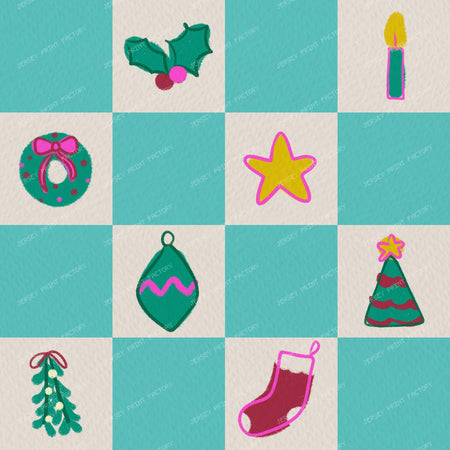 Christmas Checkerboard with Festive Doodles in Purple — Turquoise