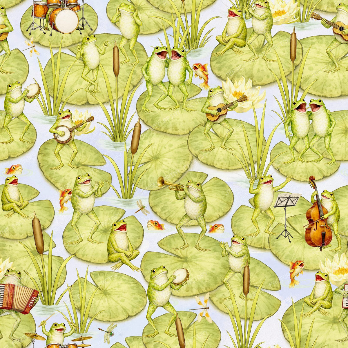 Whimsical Vintage Musical Frogs Playing Instruments on Lily Pads in a Pond - Light BLue