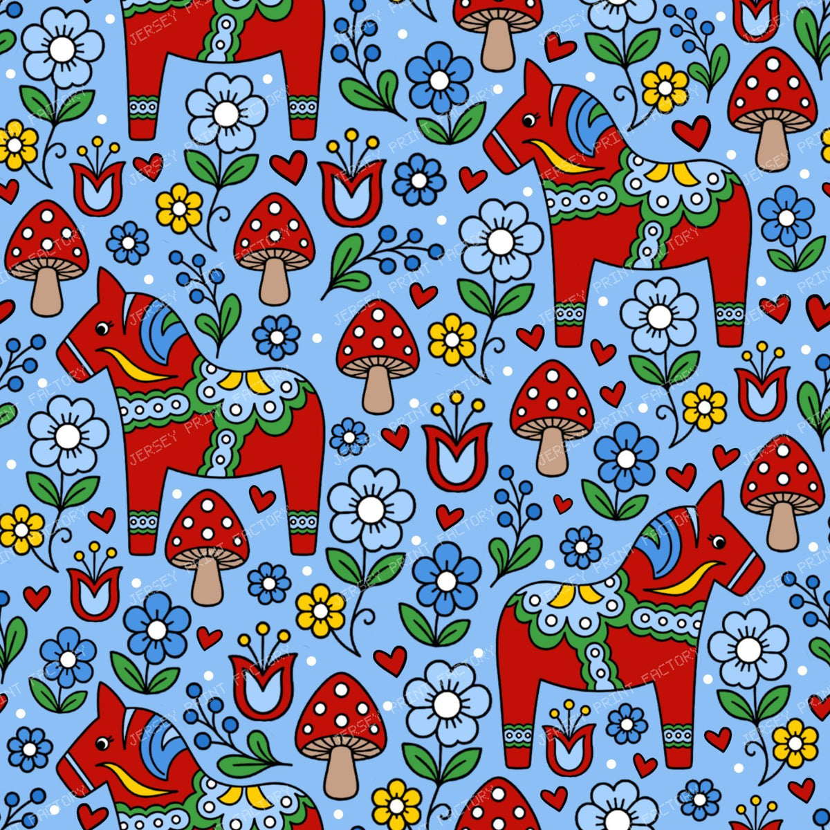 Red Dala Horse Swedish Scandinavian Floral Blue