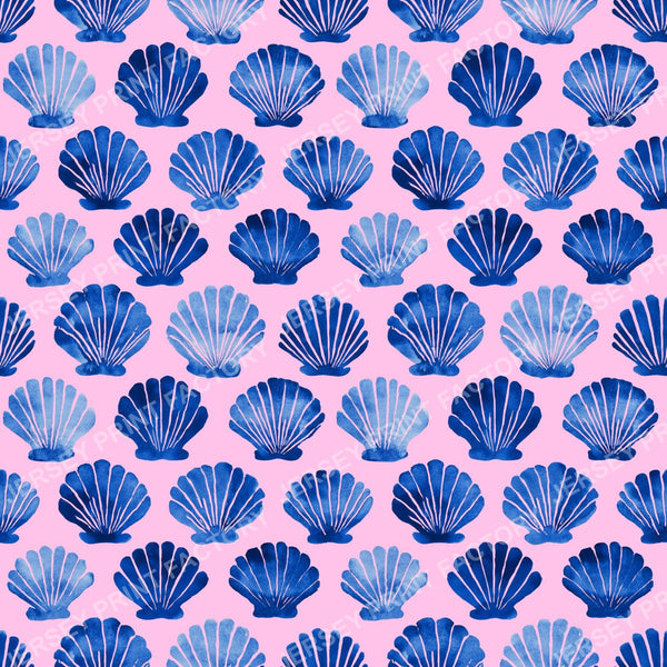 Watercolor Blue Seashell Scallop Animal Print on Soft Pink Coastal