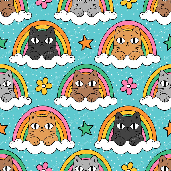 Funny Grumpy Cat  in Rainbow Cloud  on Blue