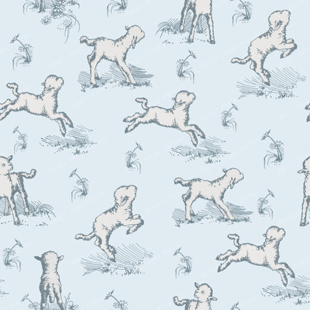 Little Sheep in the Meadow Soft Blue Cottagecore Toile Pattern for Children