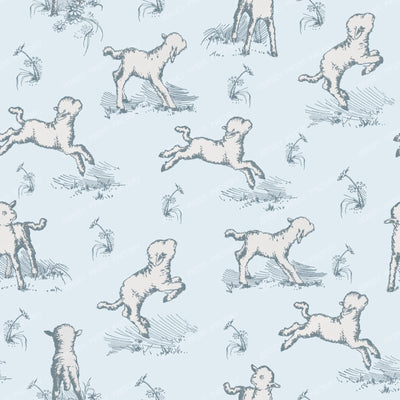 Little Sheep in the Meadow Soft Blue Cottagecore Toile Pattern for Children