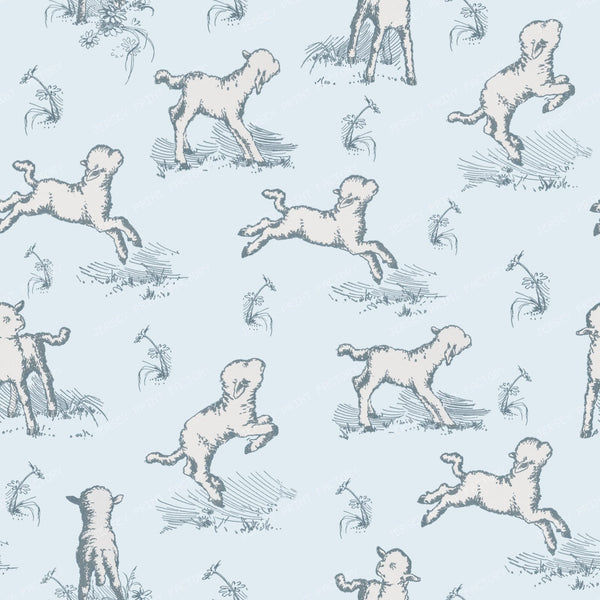 Little Sheep in the Meadow Soft Blue Cottagecore Toile Pattern for Children