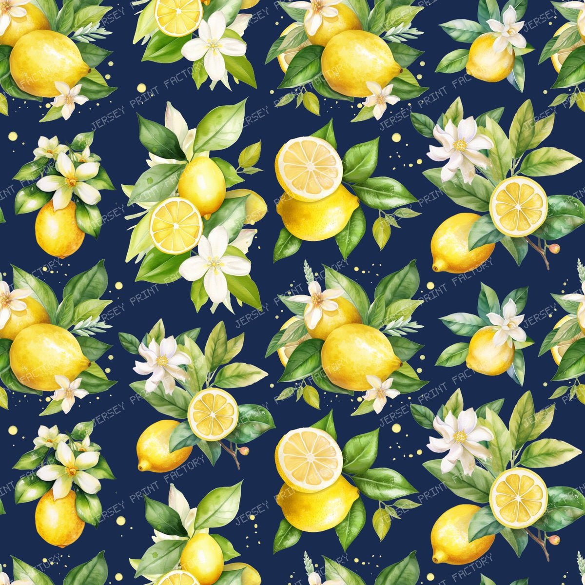 Lemon Pattern, Lemon Flowers, Leaves, Citrus — Navy Blue