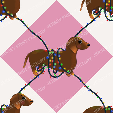 Sausage Dog in String Lights - Winter Weiner Festive Diamonds on Pink & White
