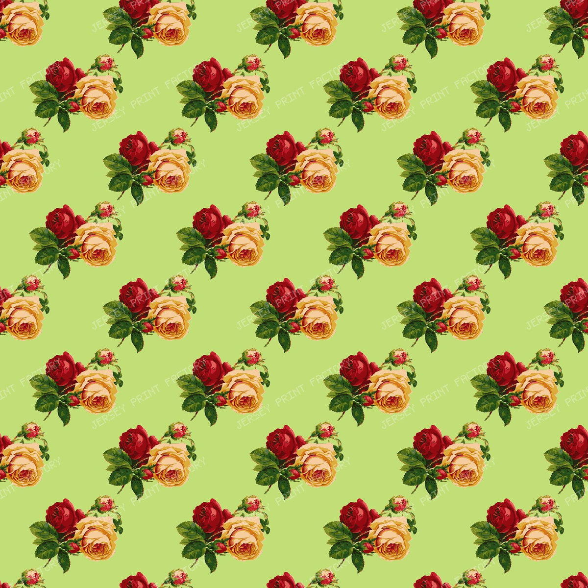 Red Roses, Yellow Roses, Floral Pattern, Leaves, Boho — Green